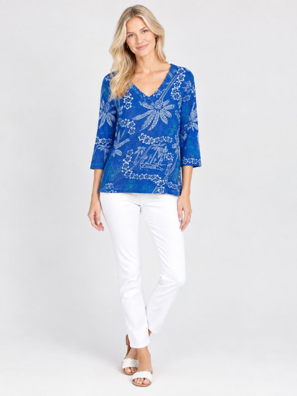 2/$30 Chico's Tropical Palm Print 3/4 Sleeve V-Neck Tee Indigo 12 #A4643